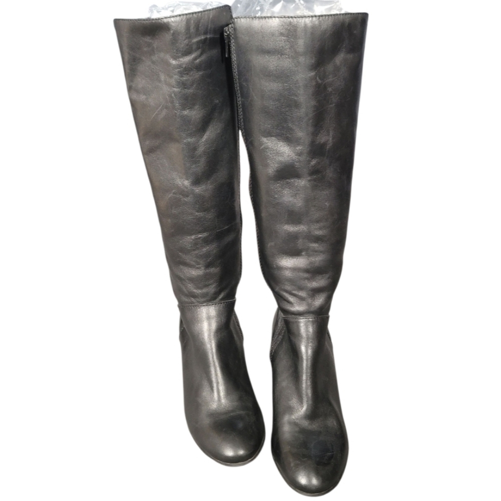 Arturo Chiang Black Leather Knee High Boots Block Heel Side Zip Women’s Size 8M